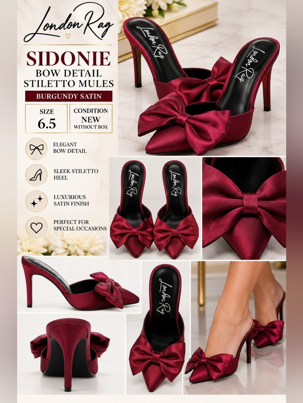 Lindon Rag Sidonie Burgundy Satin Bow Stiletto Mules - NWOB